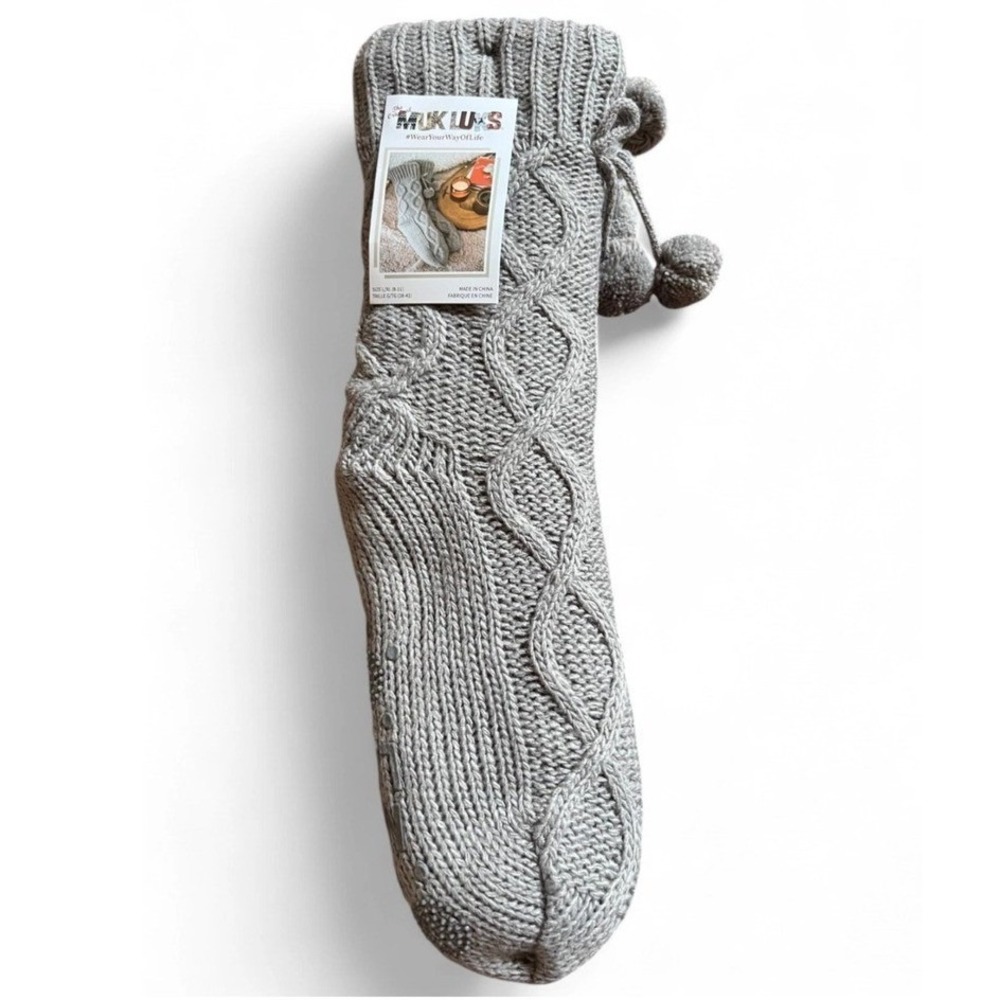 Muk Luks Dark Grey Cable Knit Slipper Socks Pom Pom Cozy Indoor Bootie NEW